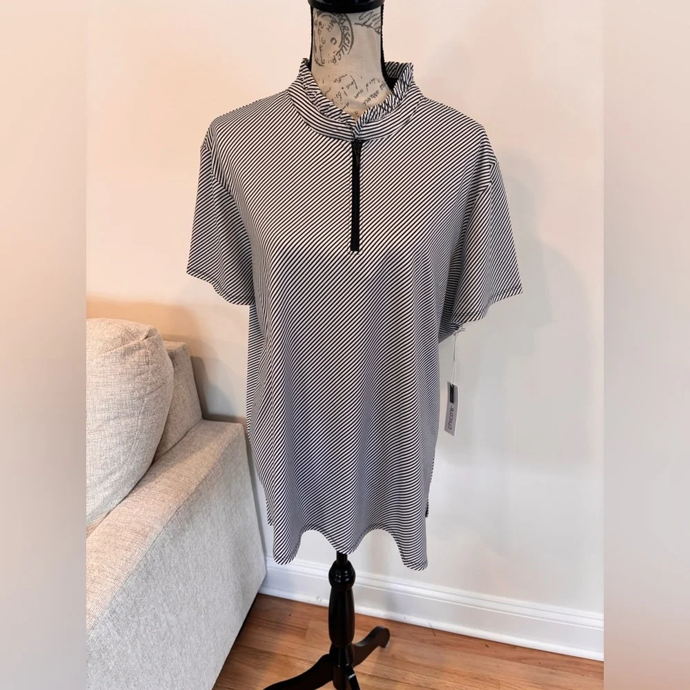 Chico's Zenergy UPF Ruffle Striped Half Zip polo top in black & white size 4 NWT
